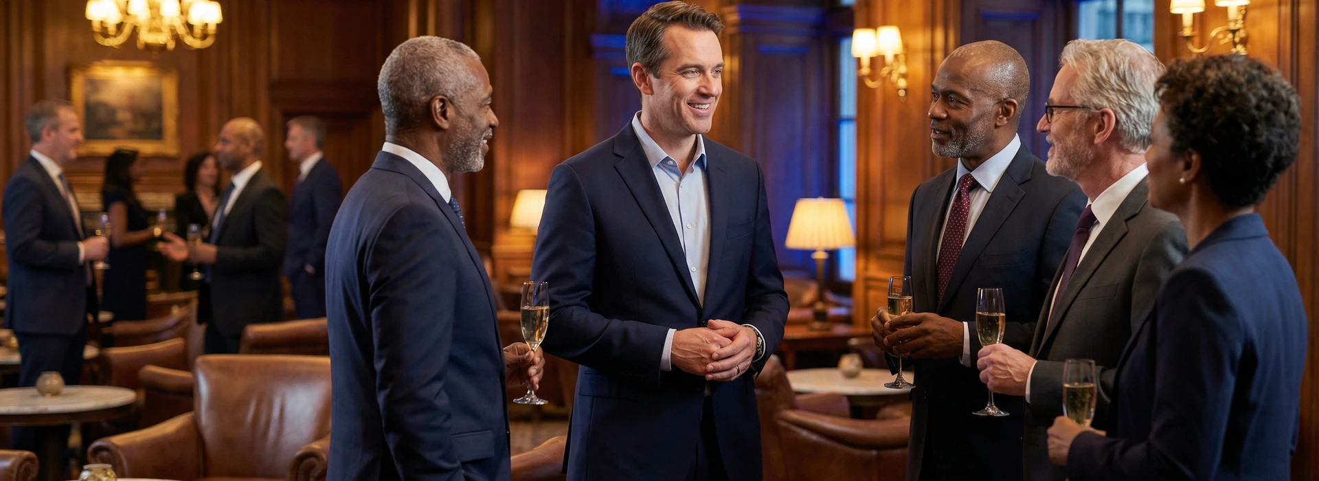 Headhunter de élite en reunión de networking con directivos en entorno corporativo de alto nivel