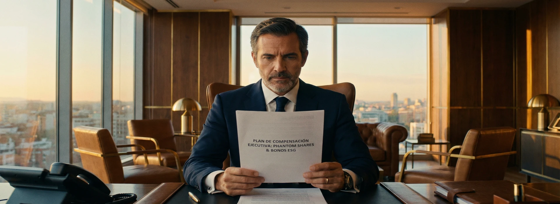 Directivo analizando un paquete de compensación y beneficios en una tablet