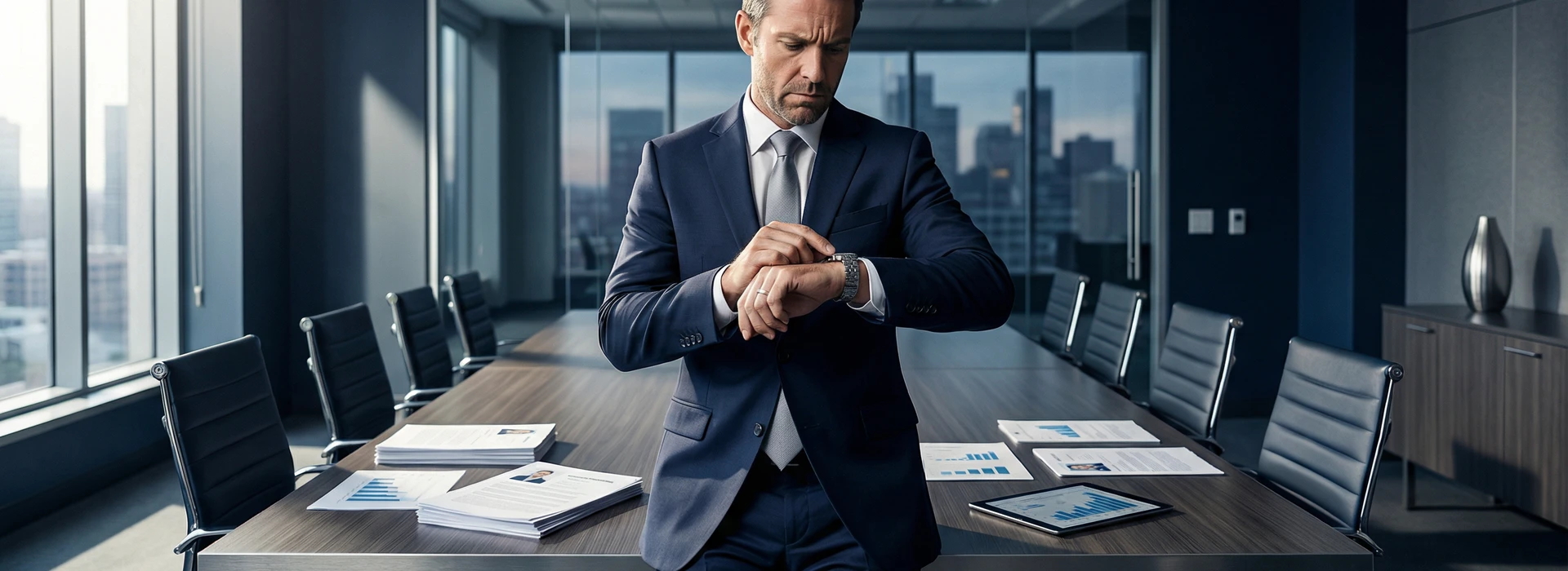 Directivo mirando reloj y documentos de candidatos en sala de reuniones, representando el dilema entre velocidad y precisión