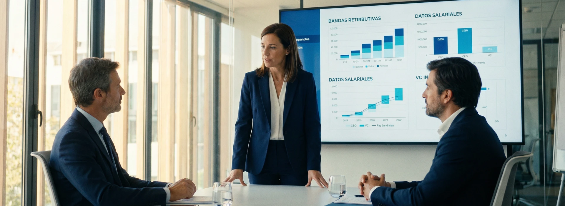 Directora de Recursos Humanos presentando datos de bandas retributivas a CEO e inversor de VC en sala de juntas moderna