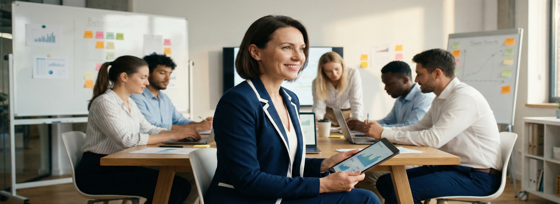 Directivo fraccional trabajando con el equipo de una startup en una oficina moderna