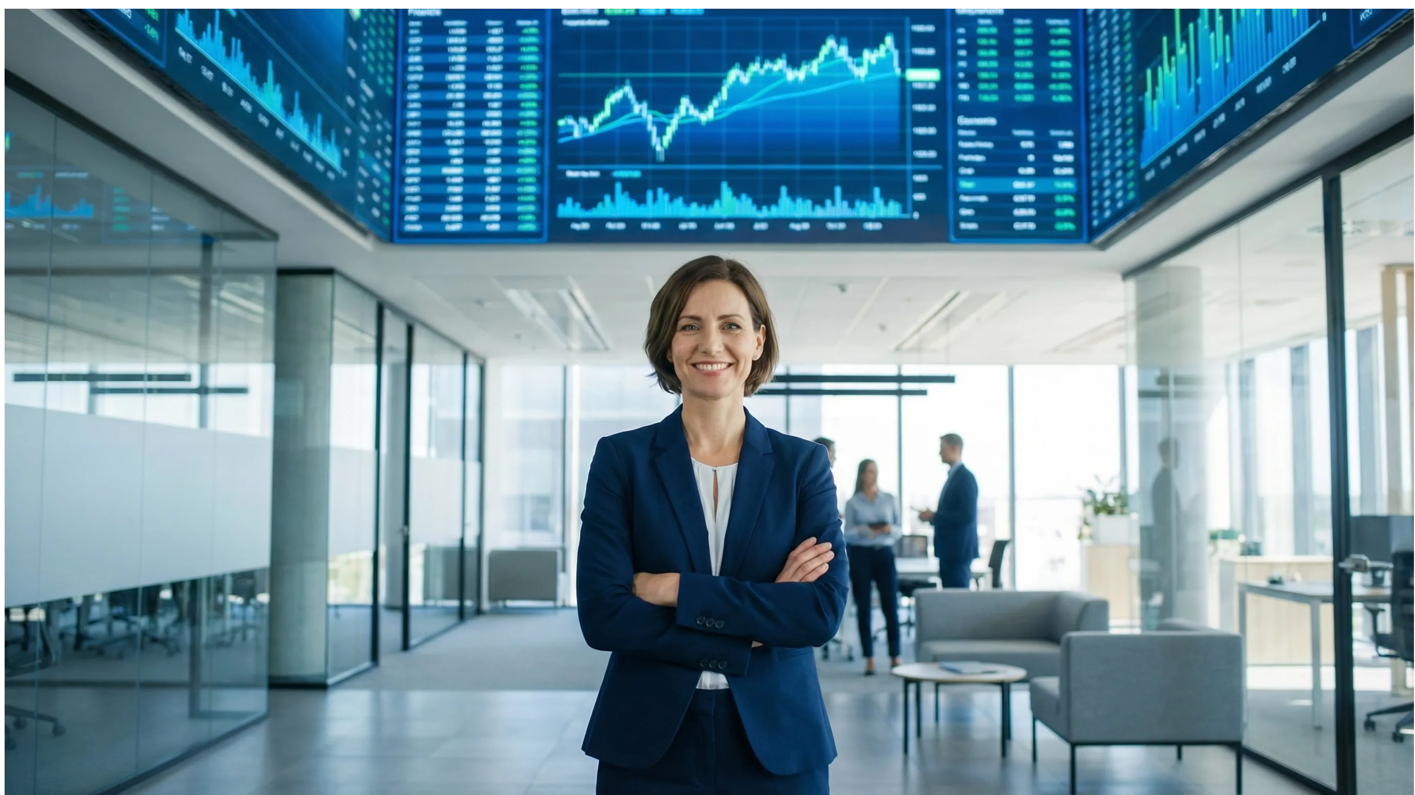 Ejecutiva C-Level en oficina del sector bancario con vistas a distrito financiero