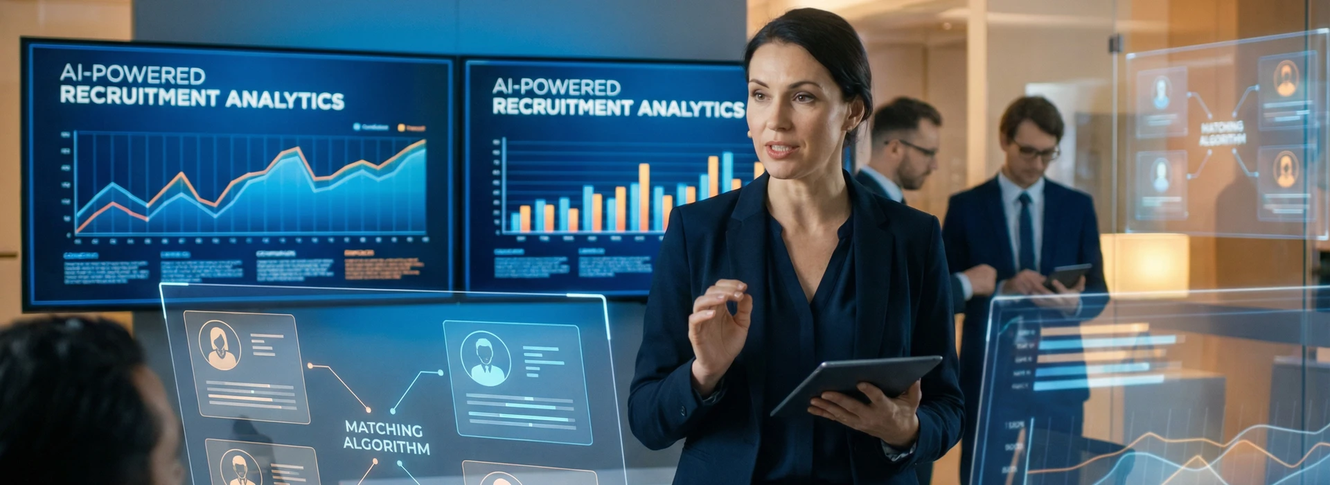 Fusión de inteligencia artificial y experiencia humana en headhunting con consultor y pantallas holográficas