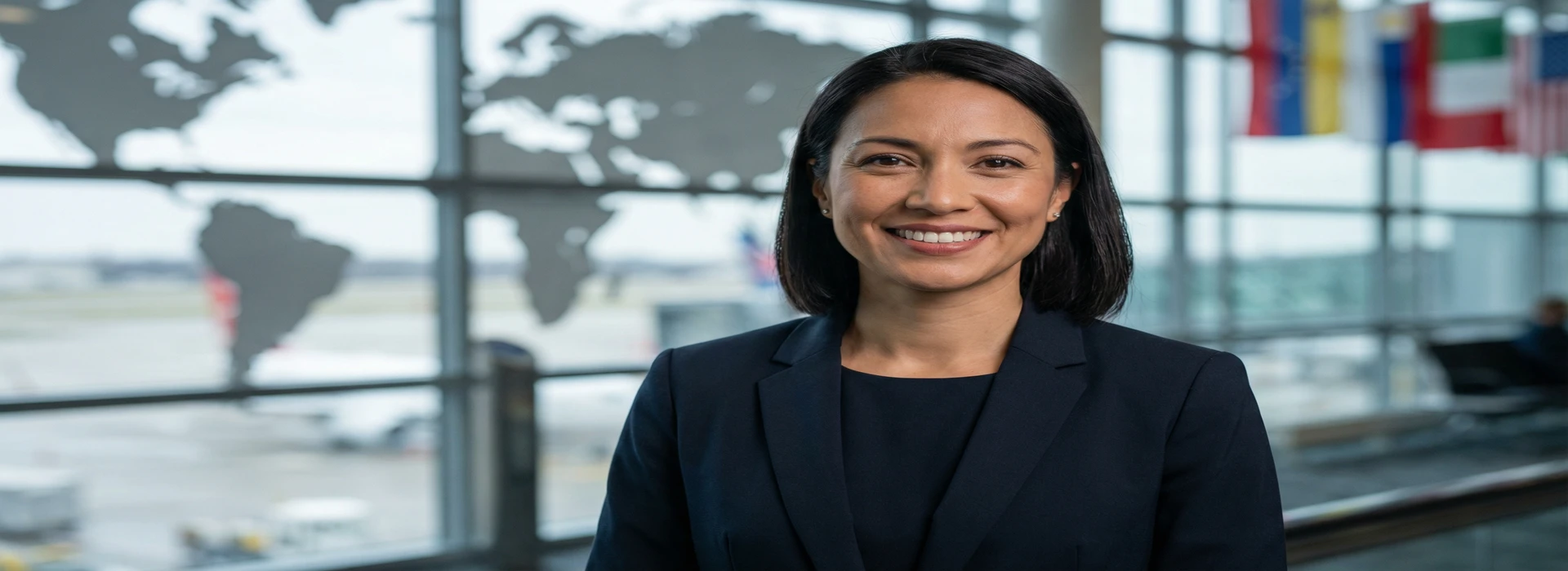 Ejecutiva C-Level en oficina internacional con mapa global de fondo