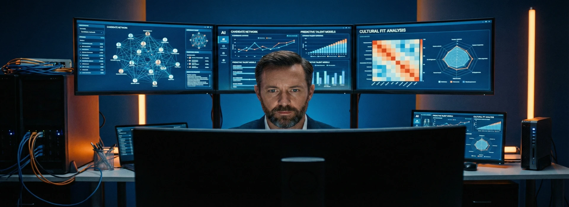 Pantalla holográfica mostrando análisis de datos predictivos en un proceso de selección directiva