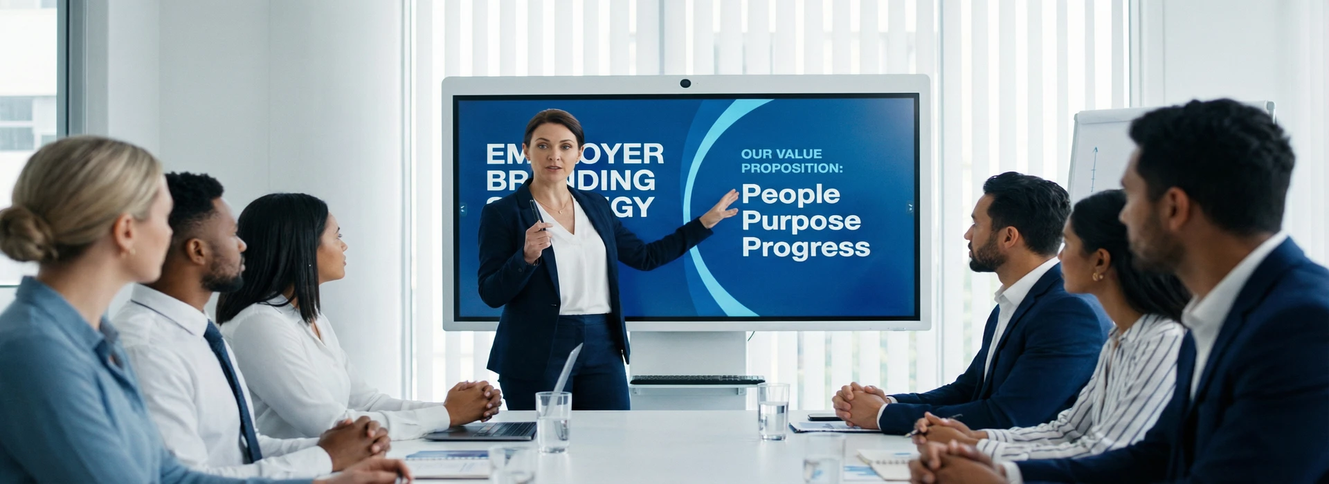 Directora de marketing presentando la estrategia de employer branding a su equipo