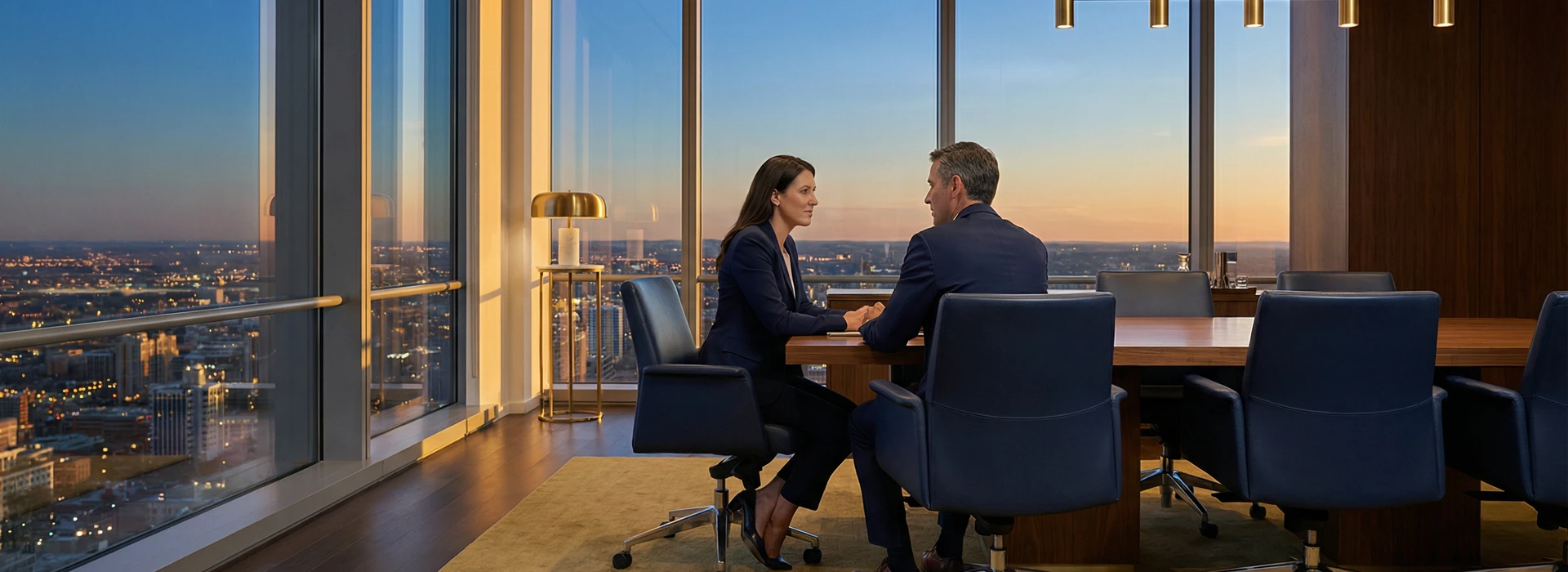 Headhunter conectando con candidato directivo en reunión confidencial en entorno corporativo moderno