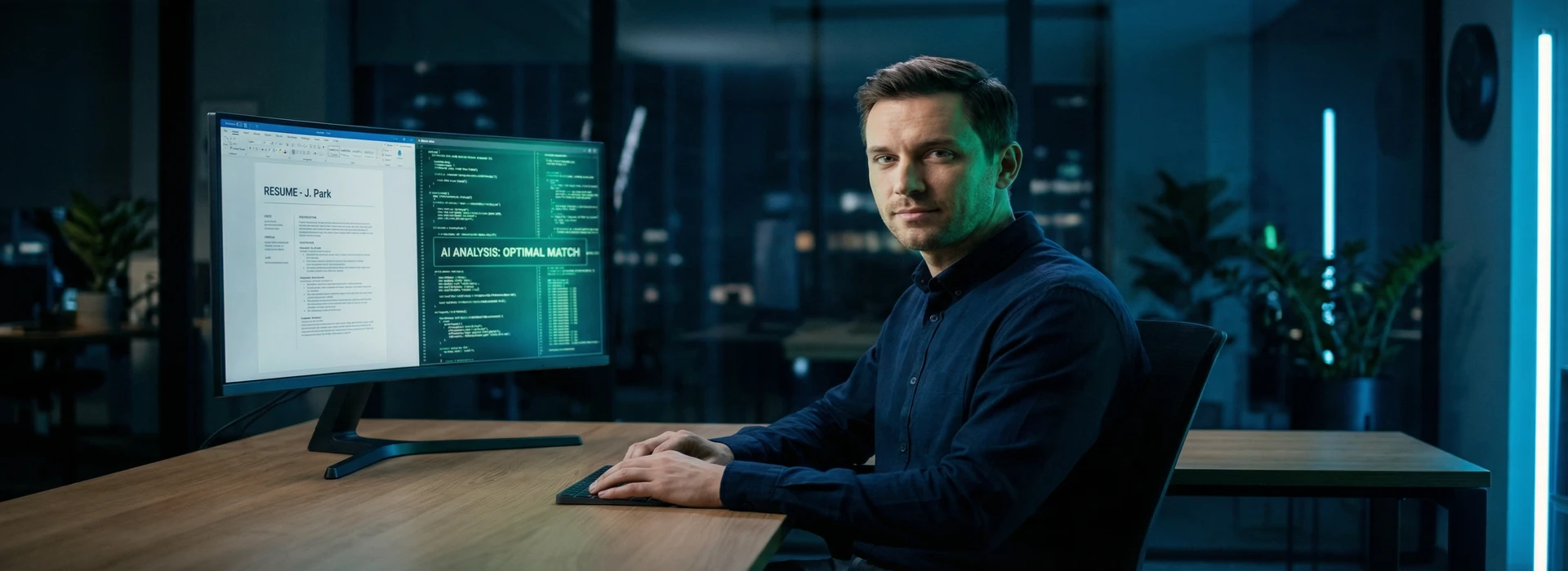 Candidato frente a ordenador con código de IA y sistema ATS siendo hackeado visualmente