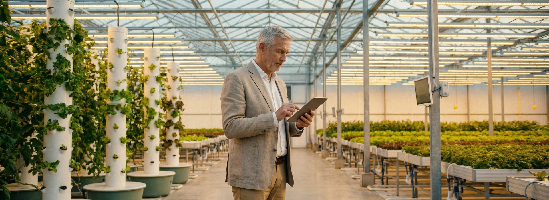Directivos analizando datos de producción agrícola en un campo de cultivo moderno