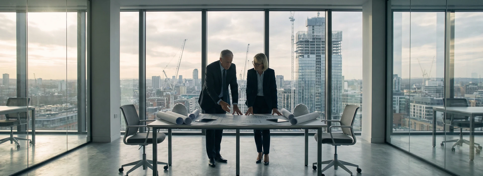 Directivos analizando planos de construcción e infraestructuras