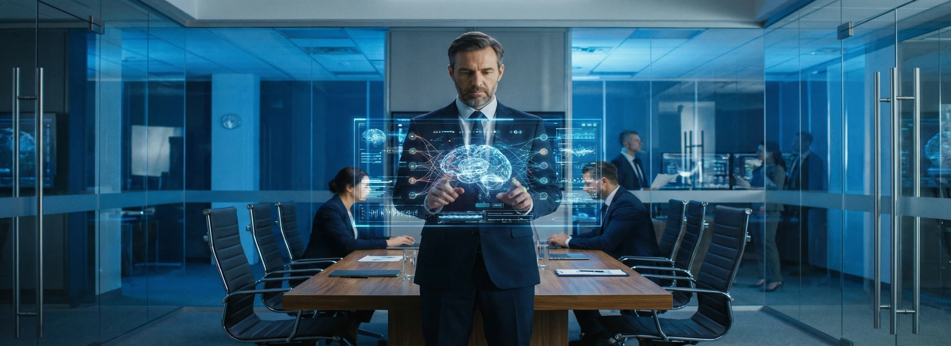 Retrato profesional de un Chief AI Officer en una sala de juntas moderna