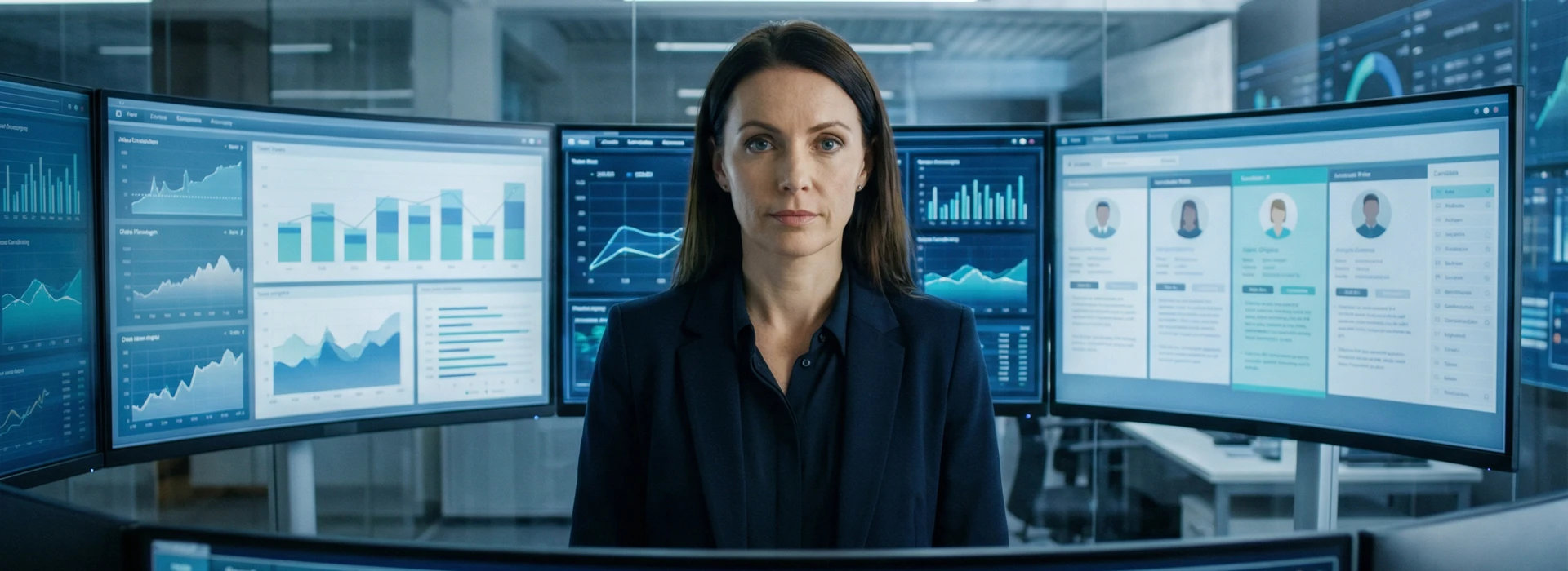 Analista de talento revisando datos y perfiles en pantallas múltiples en entorno corporativo moderno