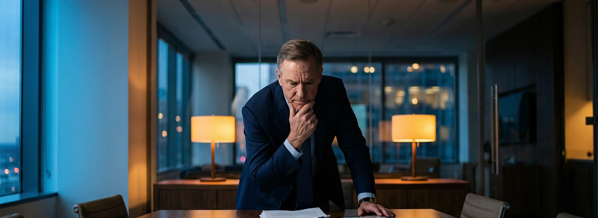 Directivo en sala de reuniones reflexionando sobre decisiones de contratación y sesgos cognitivos