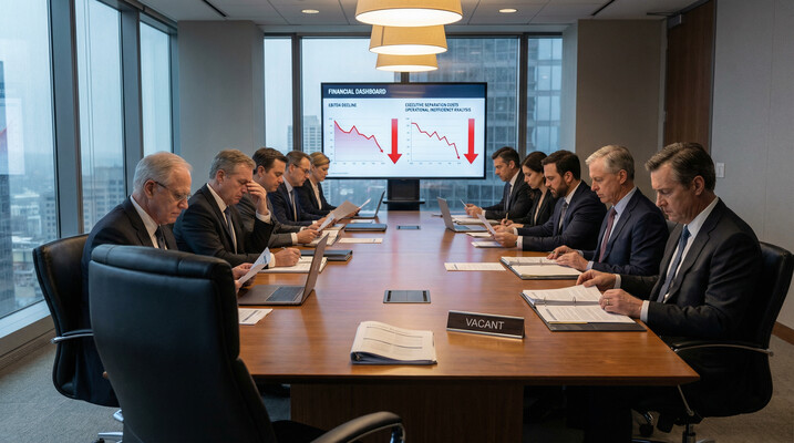Sala de juntas con dashboard mostrando caída del EBITDA por mala contratación directiva