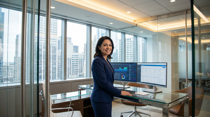 Ejecutiva C-Level en oficina del sector bancario con vistas a distrito financiero