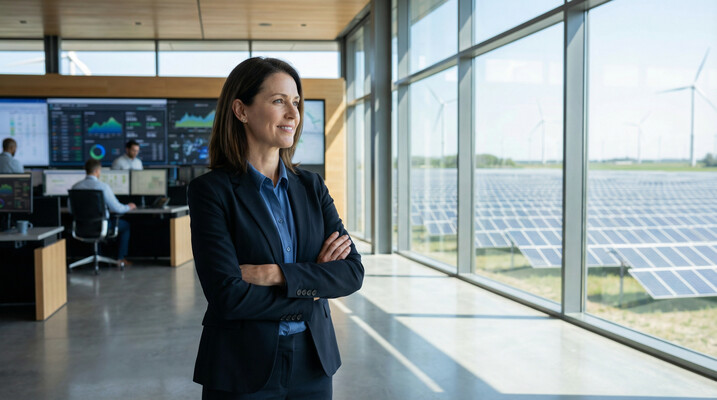 Ejecutiva C-Level en instalación de energías renovables con paneles solares