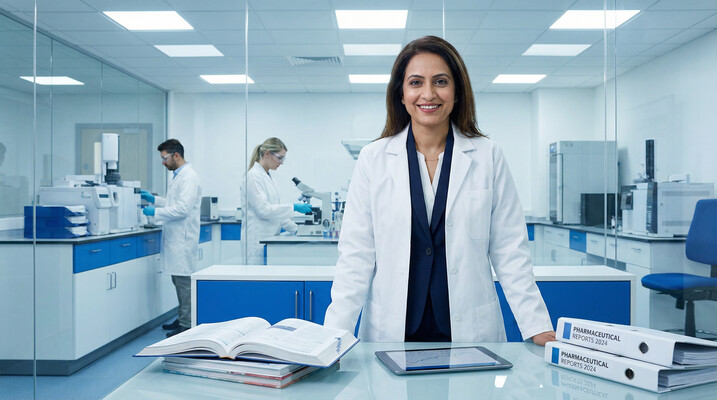Investigadora en un laboratorio de Life Sciences analizando datos