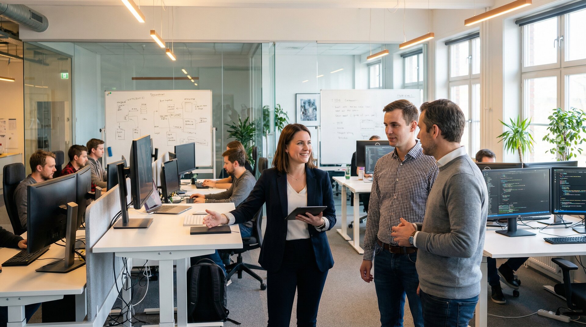 Equipo de reclutamiento tecnológico en oficina moderna de startup