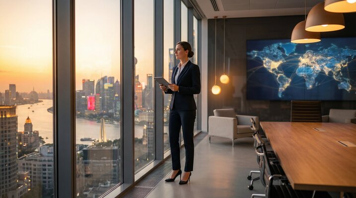 Ejecutiva C-Level en oficina internacional con mapa global de fondo